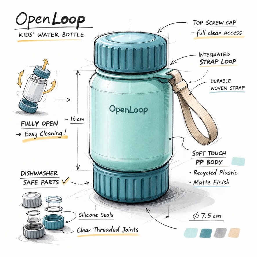 Industrial design sketch of a circular kids water bottle concept